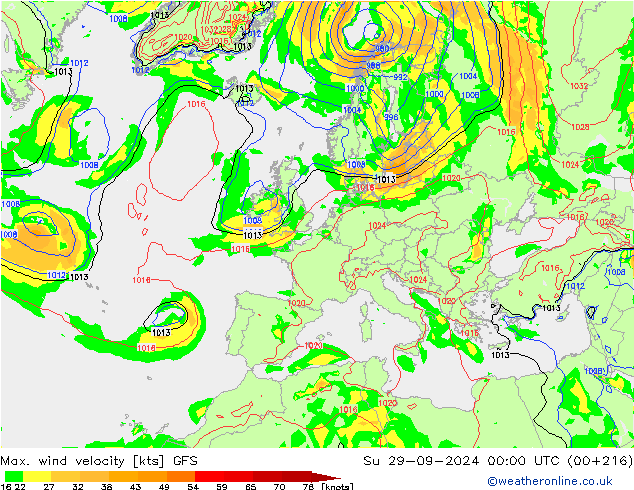 Max. wind velocity GFS dom 29.09.2024 00 UTC