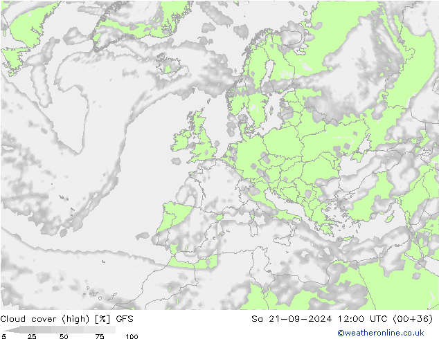 Cloud cover (high) GFS Sa 21.09.2024 12 UTC