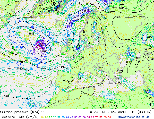 Isotachen (km/h) GFS Di 24.09.2024 00 UTC