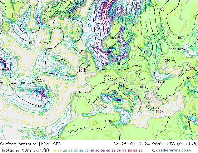 Isotachen (km/h) GFS Sa 28.09.2024 06 UTC