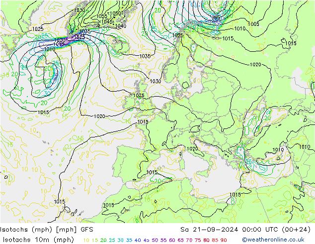 Isotachs (mph) GFS 星期六 21.09.2024 00 UTC