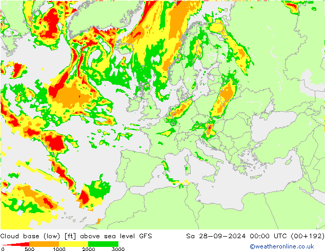 Höhe untere Wolkengrenze GFS Sa 28.09.2024 00 UTC