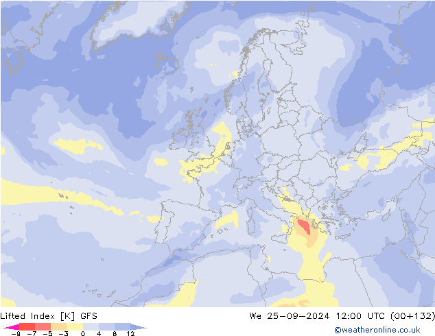 Lifted Index GFS ср 25.09.2024 12 UTC