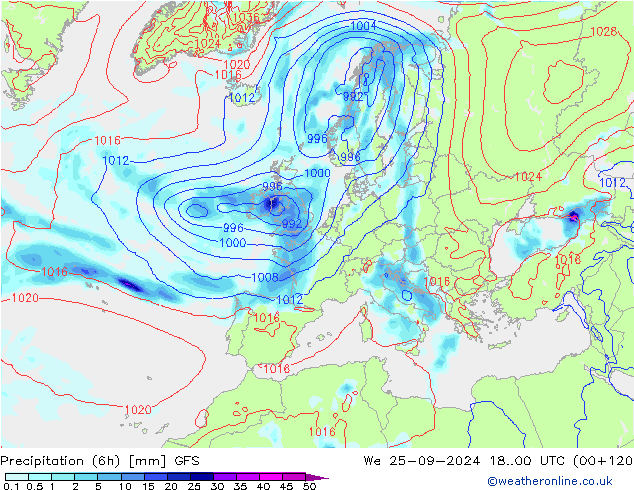 Z500/Rain (+SLP)/Z850 GFS mer 25.09.2024 00 UTC