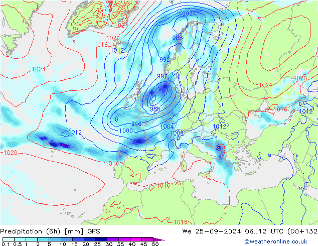 Precipitation (6h) GFS St 25.09.2024 12 UTC