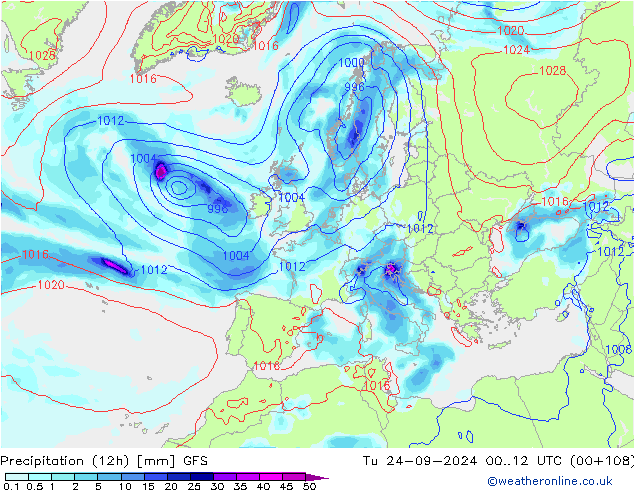 Precipitation (12h) GFS Tu 24.09.2024 12 UTC