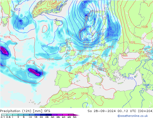 Precipitation (12h) GFS So 28.09.2024 12 UTC