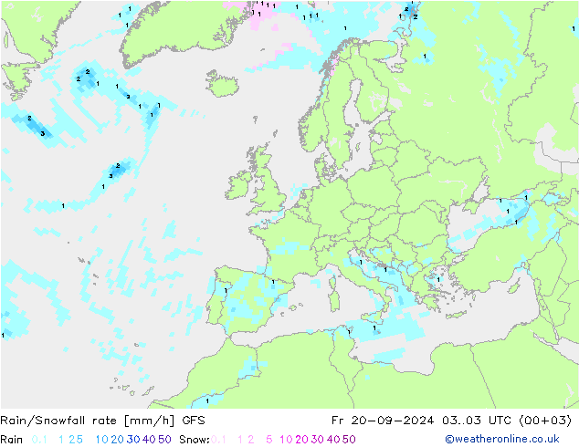 Rain/Snowfall rate GFS пт 20.09.2024 03 UTC