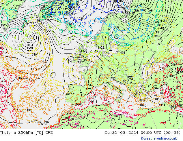 Theta-e 850hPa GFS zo 22.09.2024 06 UTC