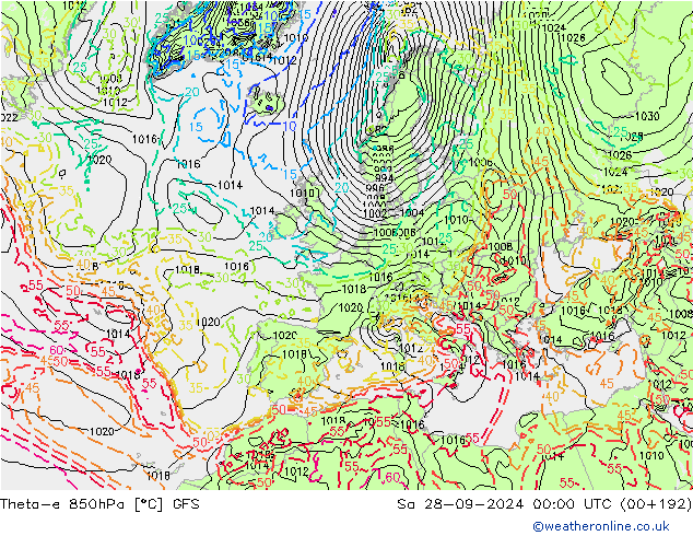 Theta-e 850hPa GFS sam 28.09.2024 00 UTC