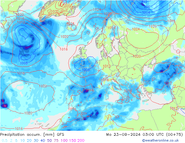 Precipitación acum. GFS lun 23.09.2024 03 UTC