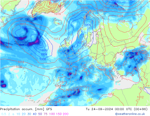 Precipitation accum. GFS Út 24.09.2024 00 UTC