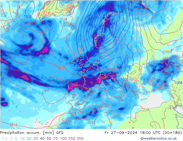 Precipitation accum. GFS Fr 27.09.2024 18 UTC