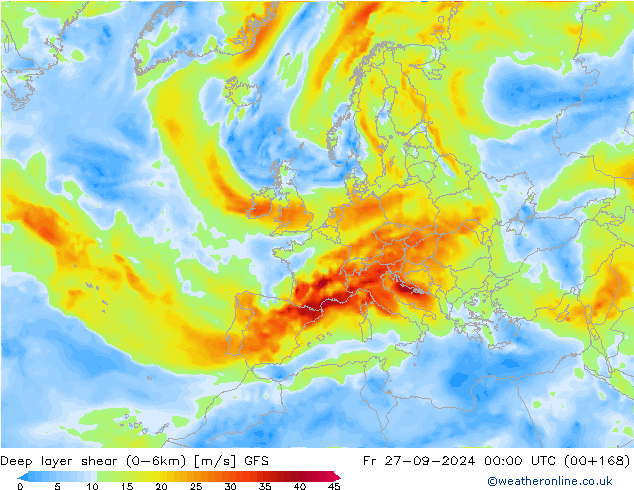 Deep layer shear (0-6km) GFS Fr 27.09.2024 00 UTC