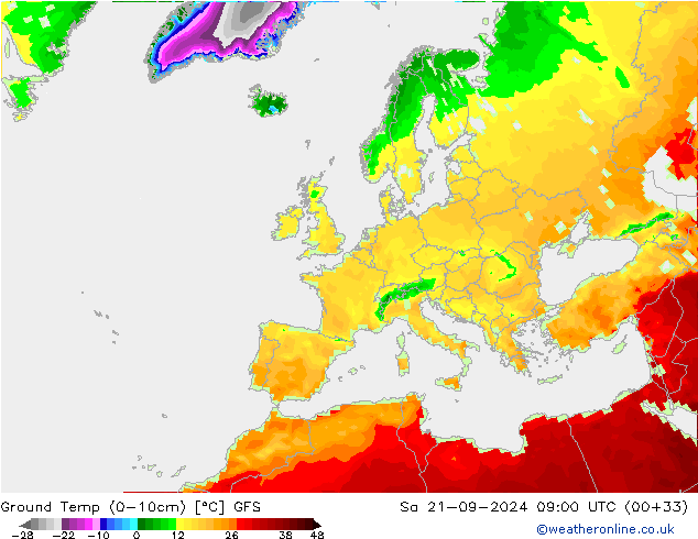 Ground Temp (0-10cm) GFS Sa 21.09.2024 09 UTC