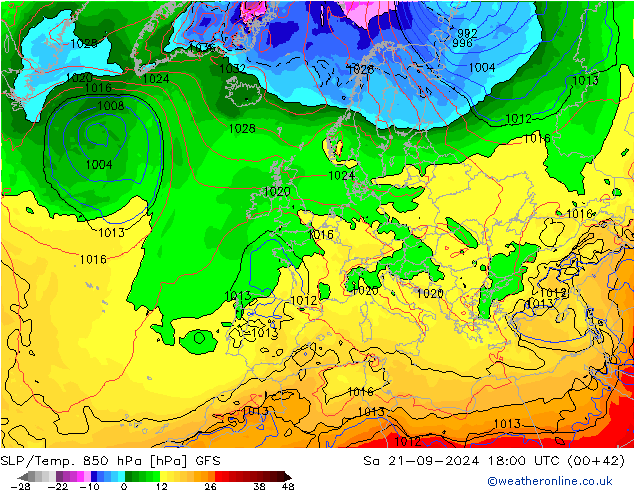 SLP/Temp. 850 hPa GFS Sa 21.09.2024 18 UTC