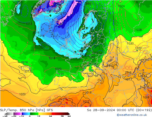 SLP/Temp. 850 hPa GFS sam 28.09.2024 00 UTC