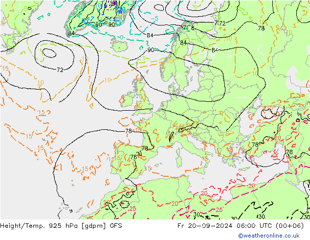 Height/Temp. 925 hPa GFS Fr 20.09.2024 06 UTC