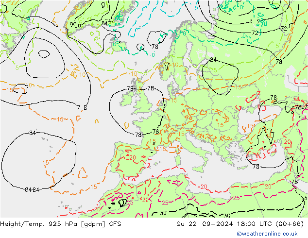 Height/Temp. 925 hPa GFS dom 22.09.2024 18 UTC