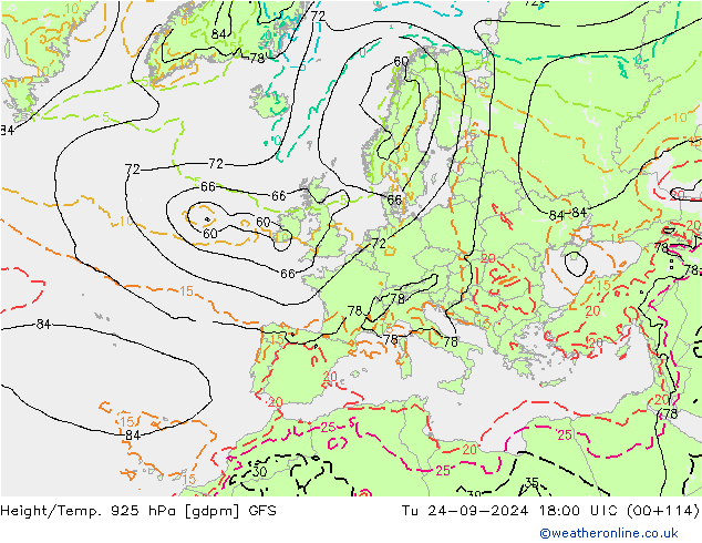 Height/Temp. 925 hPa GFS Tu 24.09.2024 18 UTC