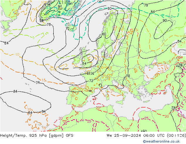 Height/Temp. 925 hPa GFS We 25.09.2024 06 UTC