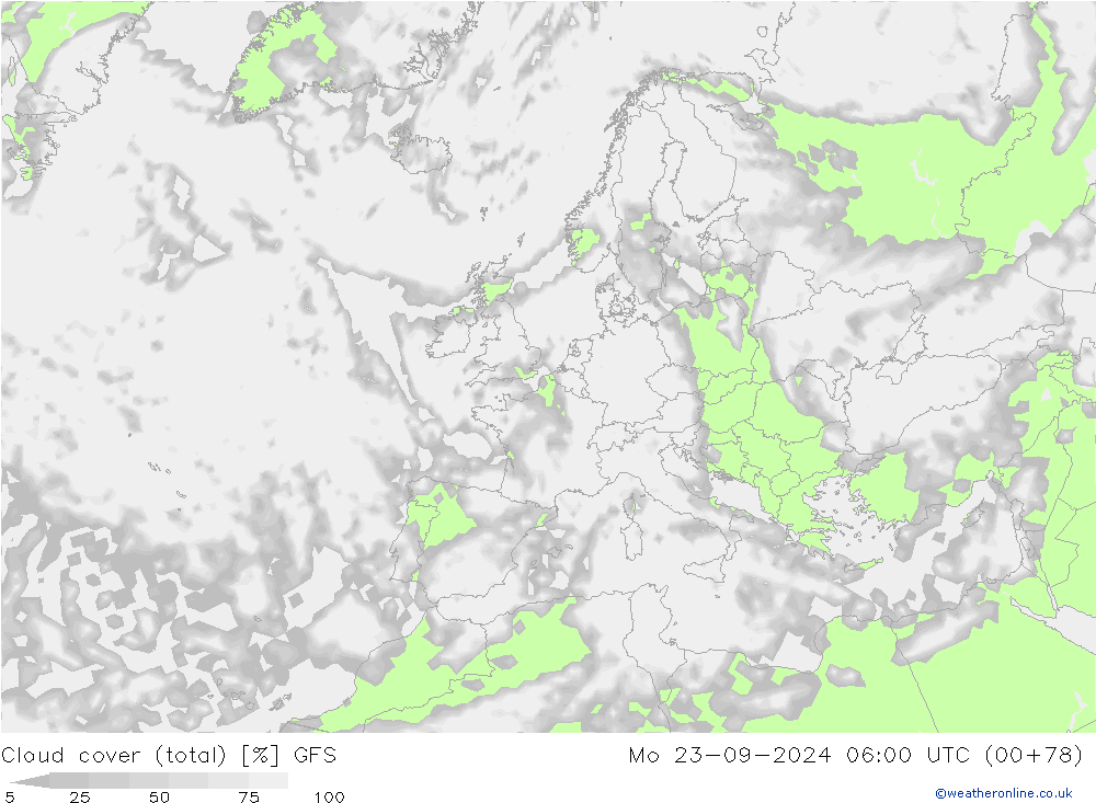 Cloud cover (total) GFS Mo 23.09.2024 06 UTC