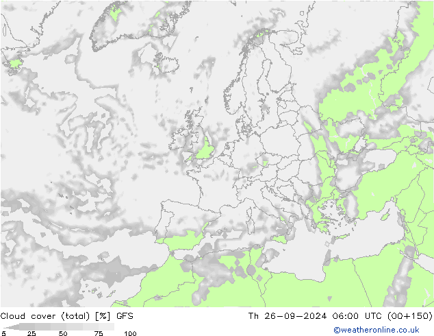 Cloud cover (total) GFS Th 26.09.2024 06 UTC