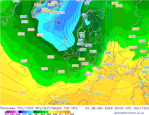 Thck 700-1000 hPa GFS sab 28.09.2024 00 UTC