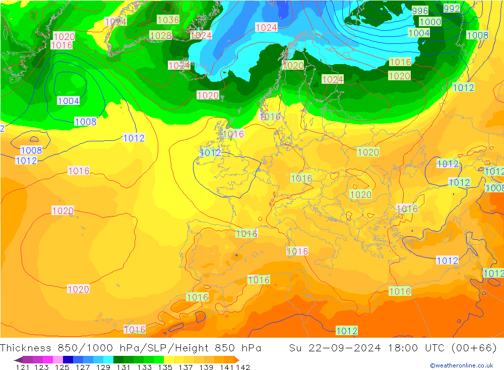 Dikte 850-1000 hPa GFS zo 22.09.2024 18 UTC