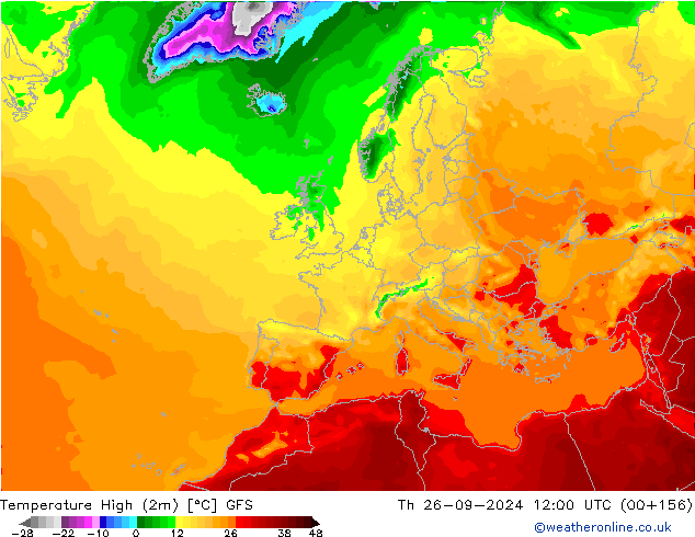 Temperature High (2m) GFS Th 26.09.2024 12 UTC