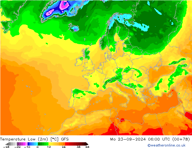 Temperature Low (2m) GFS Mo 23.09.2024 06 UTC