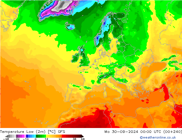 Nejnižší teplota (2m) GFS Po 30.09.2024 00 UTC