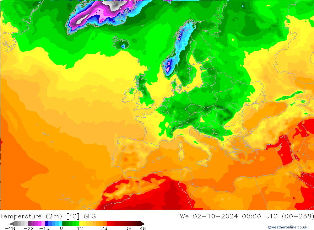 température (2m) GFS mer 02.10.2024 00 UTC