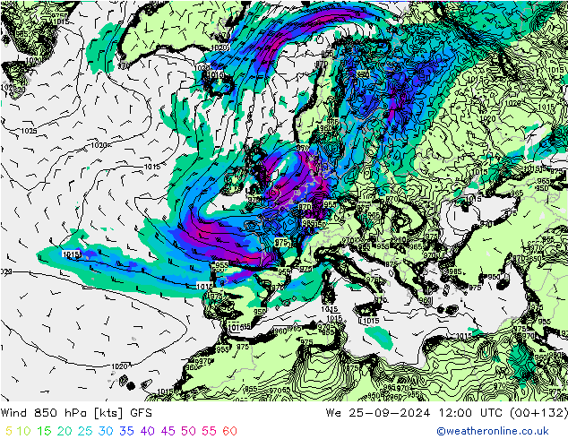 Wind 850 hPa GFS Mi 25.09.2024 12 UTC