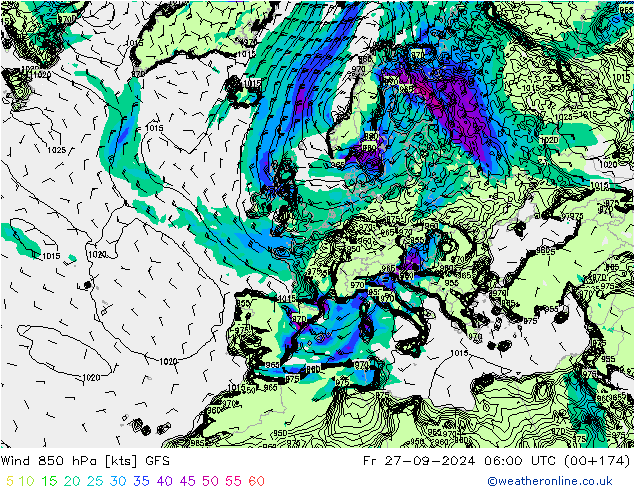 Rüzgar 850 hPa GFS Cu 27.09.2024 06 UTC