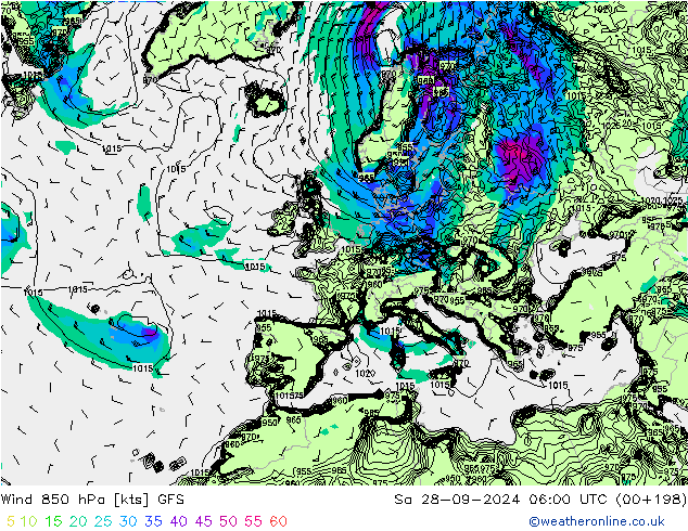 Wind 850 hPa GFS Sa 28.09.2024 06 UTC