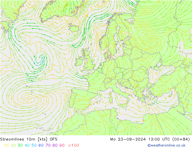 Ligne de courant 10m GFS lun 23.09.2024 12 UTC