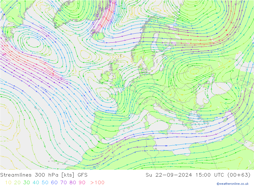 Linia prądu 300 hPa GFS nie. 22.09.2024 15 UTC