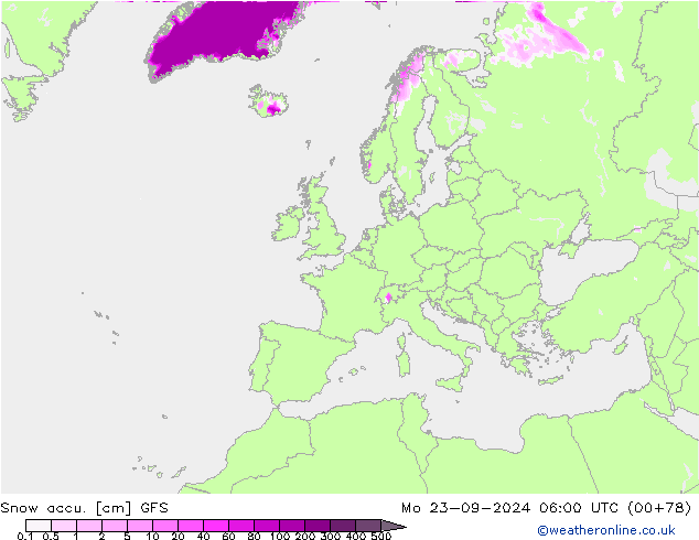 Snow accu. GFS Mo 23.09.2024 06 UTC