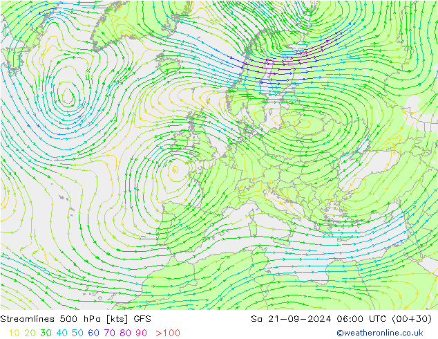 Streamlines 500 hPa GFS Sa 21.09.2024 06 UTC