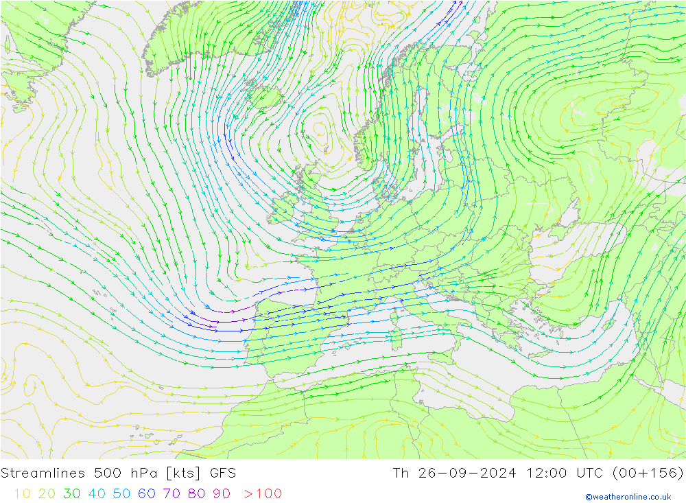 Linha de corrente 500 hPa GFS Qui 26.09.2024 12 UTC