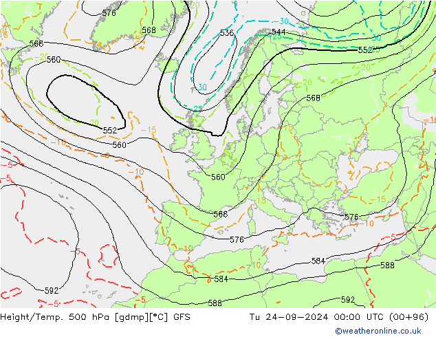 Z500/Rain (+SLP)/Z850 GFS Út 24.09.2024 00 UTC