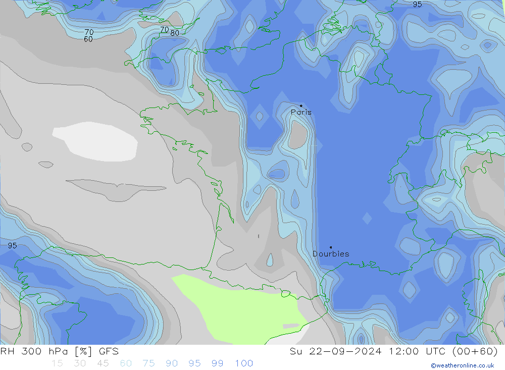 RH 300 hPa GFS Su 22.09.2024 12 UTC