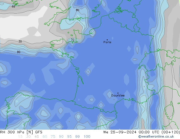 RH 300 hPa GFS śro. 25.09.2024 00 UTC