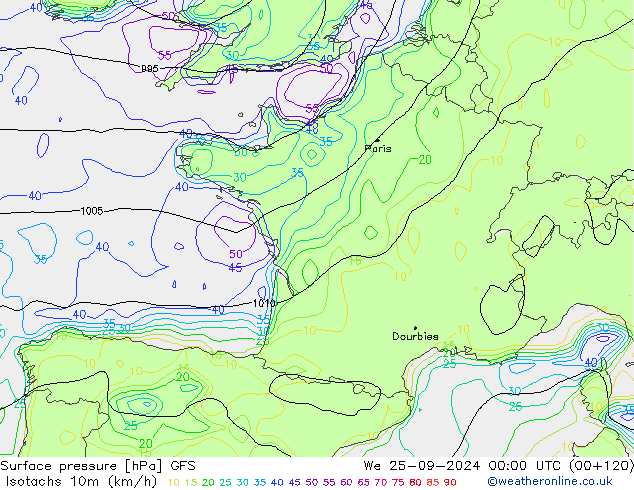 Isotachs (kph) GFS mer 25.09.2024 00 UTC