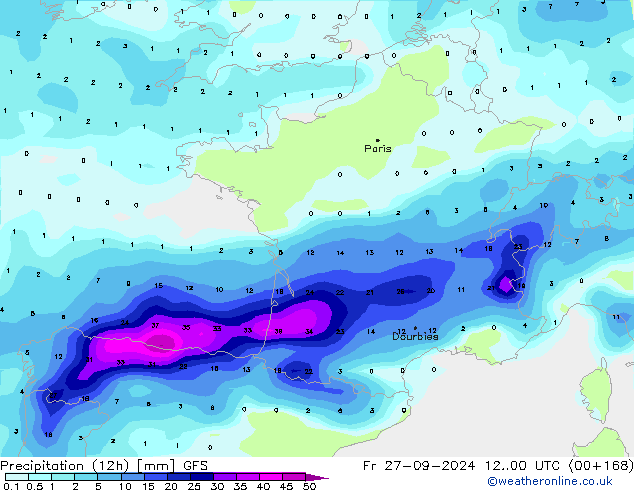 Précipitation (12h) GFS ven 27.09.2024 00 UTC