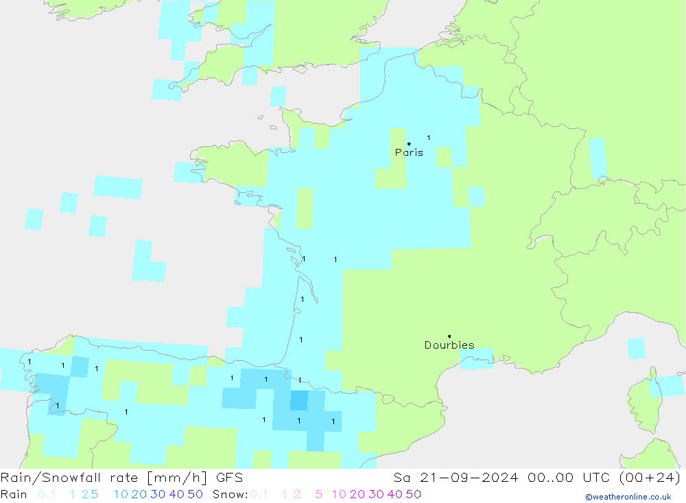 Rain/Snowfall rate GFS sam 21.09.2024 00 UTC