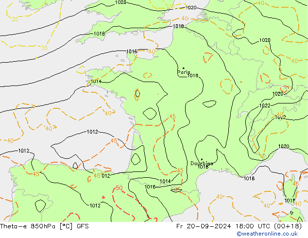 Theta-e 850hPa GFS Sex 20.09.2024 18 UTC