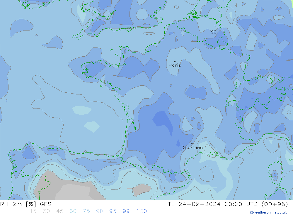 RH 2m GFS вт 24.09.2024 00 UTC