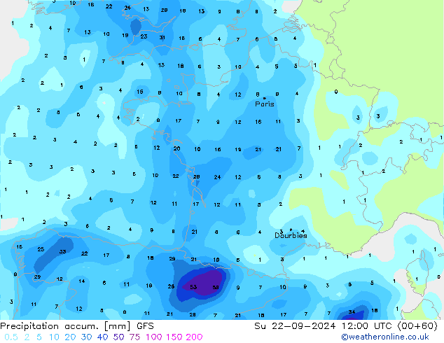 Totale neerslag GFS zo 22.09.2024 12 UTC